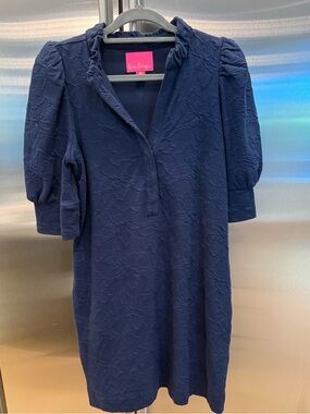 Lilly Pulitzer Navy Ribbed V-Neck Puff Sleeve Dress